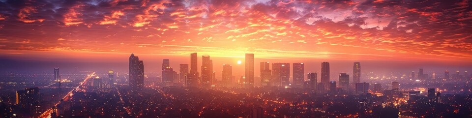 Fototapeta premium Create a city skyline with cylindrical towers in reflective gold. Use dawn lighting for a warm glow.