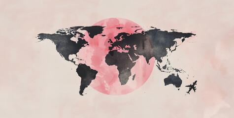 A pink map of the world with an airplane flying across it, soft aesthetic, minimalist style, black ink on white background