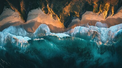 Aerial View of Waves Crashing on a Sandy Beach