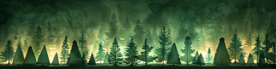 Create a geometric forest with pyramid trees in emerald green. Use backlighting to create silhouette