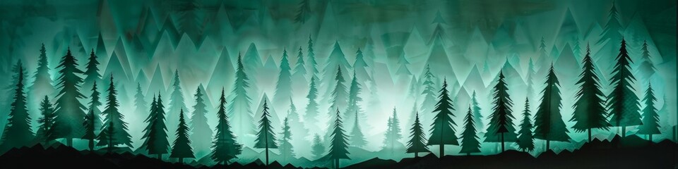 Obraz premium Create a geometric forest with pyramid trees in emerald green. Use backlighting to create silhouette