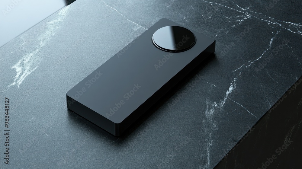 Poster Black Rectangular Object with Circular Top on Marble Surface