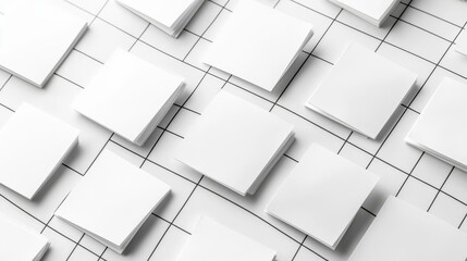 Sticky notes in black and white on a grid, minimalistic approach, monochrome office supplies