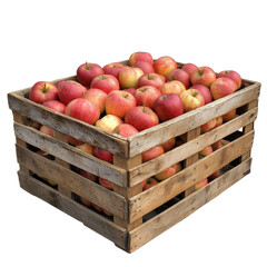A crate full of apples sits on a white background. The crate is wooden and has a rustic appearance. The apples are red and shiny, and they are arranged in a neat pile