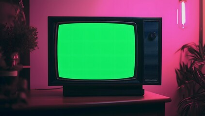 Close-up of a vintage TV with a green screen mock-up for chroma key. A nostalgic 1990s tech piece adds retro charm to the antique living room.