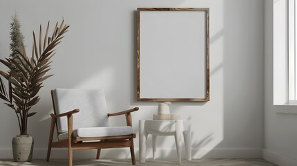 Wooden Frame Next to Stylish Minimalist Chair in 3D Rendered Home Interior