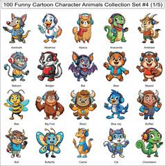 Funny Cartoon Character Animals Collection Set of 100 Isolated Animals Part 1