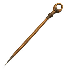 A long wooden stick with a pointed end. The stick is brown and has a gold tip. It is a tool or a weapon