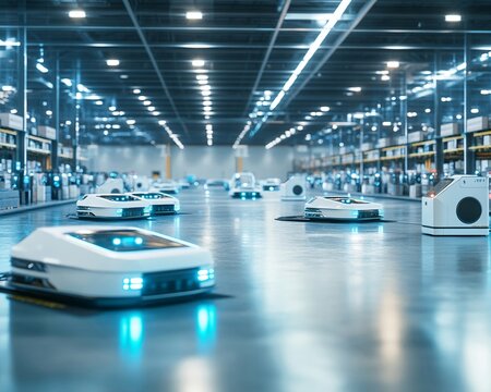 A smart logistics center with robots sorting parcels IoT sensors tracking deliveries