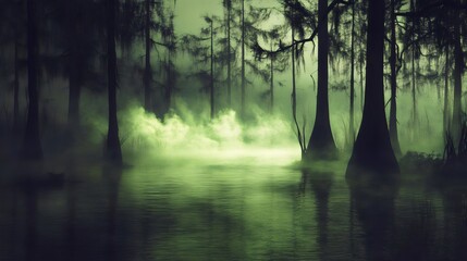 Fototapeta premium Spooky forest with a green mist rising from the waters, creating an eerie and mysterious atmosphere perfect for horror, Halloween, or fantasy-themed visuals.