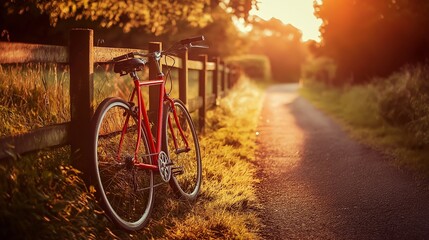 Obraz premium A red bicycle leans against a wooden fence with a sunset path in the background.