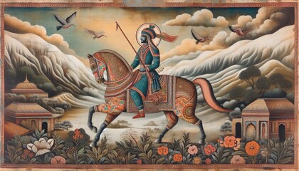 Realistic stock photo of a traditional Madhubani painting depicting a man on a horse, captured in vivid detail on a rustic textured canvas background