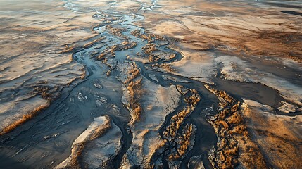 A birda??s eye view of a dried river delta with intricate patterns of dry channels and scattered vegetation struggling to survive.