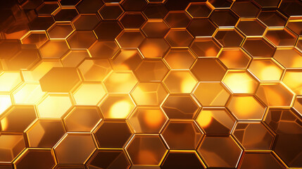 Gold hexagon background. Hexagonal shapes, honeycomb pattern. Aesthetic, elegant, warm and vibrant wallpaper. Luxury design.