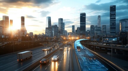 Fototapeta premium Autonomous trucks powered by IoT and AI driving through a smart city