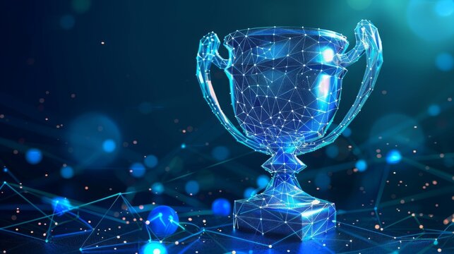 Digital blue trophy cup in low poly wireframe, smart award management, achievement  and success in competitions, E-sports and Gaming Competitions.
