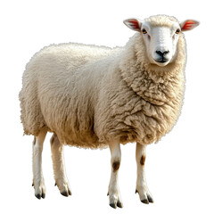 Fototapeta premium A white sheep stands in front of a white background. The sheep is looking at the camera with its head tilted. Concept of calm and peacefulness, as the sheep appears to be content