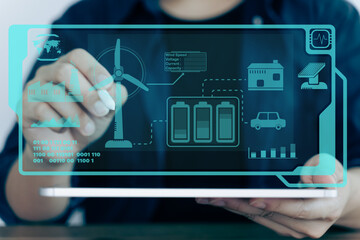 Engineering check turbine power generation on screen, Wind turbine farm is an alternative electricity source for business esg ideas, renewable energy concept.