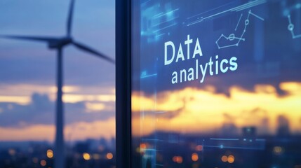 Close-up of Data Analytics on a digital screen, with a wind turbine on background, concept for intersection of technology and sustainable energy.