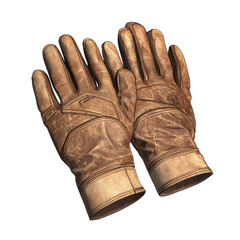 Two old leather gloves are shown on a white background. The gloves are worn and tattered, giving the impression of a vintage or antique look. Concept of nostalgia and a connection to the past