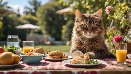On a sandy beach, the cat unwinds in a For breakfast, lunch, and dinner, a large number of yard cats congregated around the garden's morning summer tables. Artificial Intelligencebeside the water. AI-