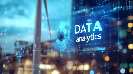 Close-up of Data Analytics on a digital screen, with a wind turbine on background, concept for intersection of technology and sustainable energy.
