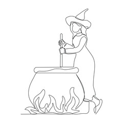 Continuous single line sketch drawing of wizard witch holding magical wand broom and potion cauldron halloween spooky concept one line vector illustration	