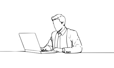 Businessman Silhouette Black Sketch Silhouette on White Background. Man Working with Laptop Vector Line Art Drawing. Manager Silhouette in Linear Minimalistic Style