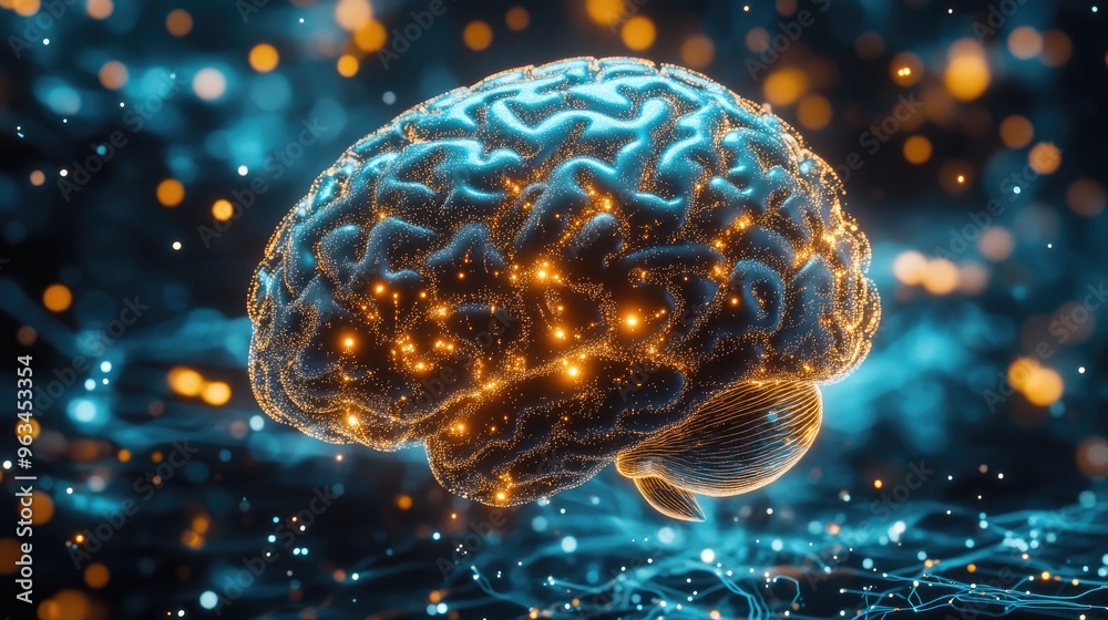 Poster conceptual image of a human brain with glowing neural connections, illustrating brain activity and c