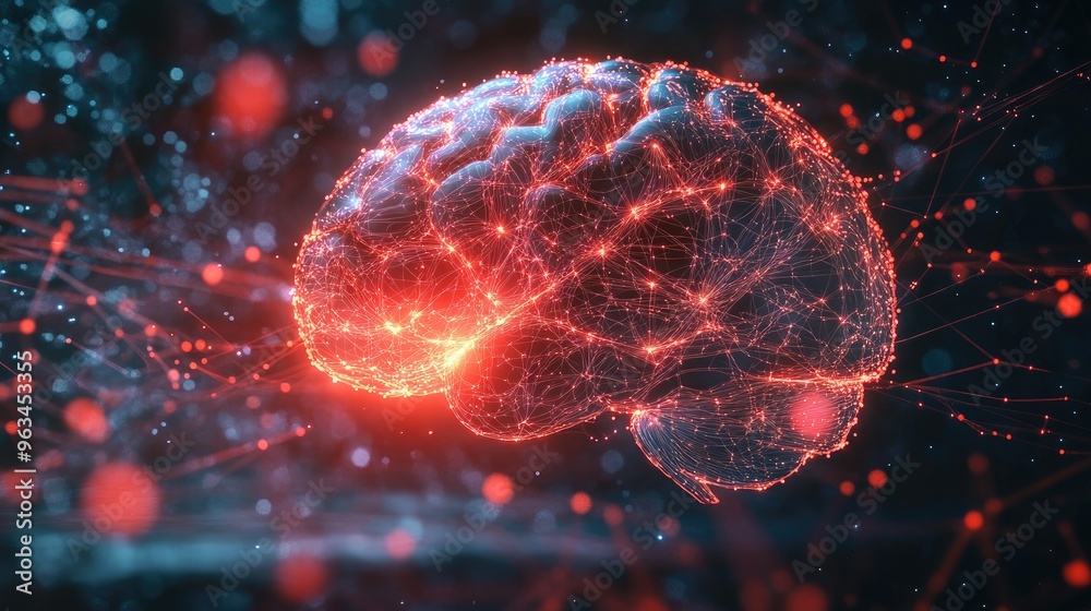 Poster conceptual image of a human brain with glowing neural connections, illustrating brain activity and c