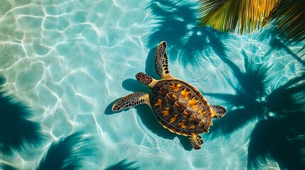 A turtle swimming in a pool with palm trees in the background