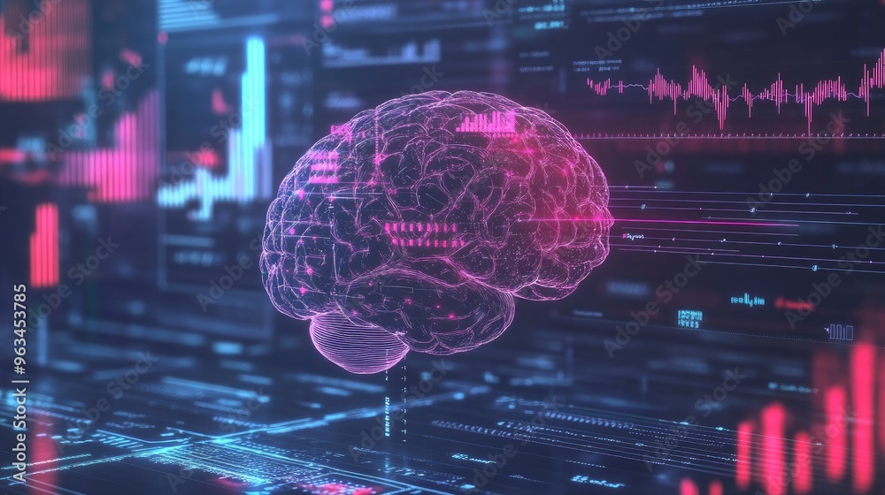 Poster creative visualization of a human brain with abstract data and graphs overlaying it, representing co