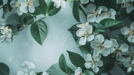 White flowers, light green leaves, light background, spring theme, fresh and soft colors, high definition wallpaper