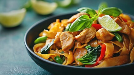 Delicious pad see ew with wide rice noodles, vegetables, and tender chicken, garnished with lime wedges and fresh basil leaves