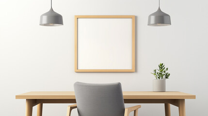 Fototapeta premium A clean and simple home office setup showcasing a light wooden desk and grey upholstered chair. The space is designed with a Scandinavian touch, featuring a large, empty picture fr