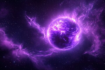 Obraz premium Glowing purple planet in space surrounded by swirling cosmic clouds