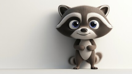 A cute cartoon raccoon character standing against a plain background, exuding charm and playfulness.