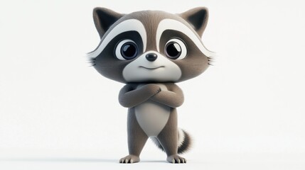 A cute cartoon raccoon character standing confidently with arms crossed.