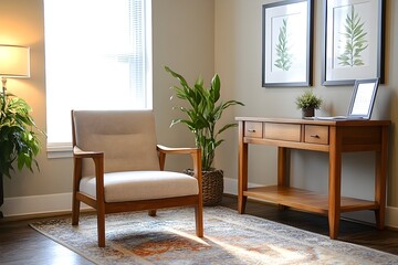 Cozy Therapy Office with Warm Wood Accents and Plush Furniture for Open Discussions and Introspection