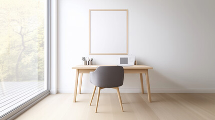 Fototapeta premium A stylish Scandinavian home office design with a light wooden desk, an organized workspace, and a grey chair in front of a blank wall with a mock-up poster. The natural lighting fr