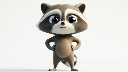 A cute cartoon raccoon character with a friendly expression and hands on hips.