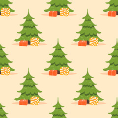 Christmas tree with gifts seamless pattern