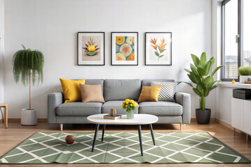Fototapeta premium Modern Living Room with Gray Sofa, Yellow Pillows, Green Geometric Rug, and Stylish Decor