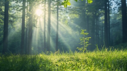 Fototapeta premium Bright morning light streaming through a forest