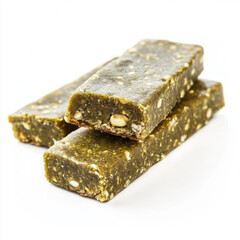 Energy bars with hemp protein powder isolated on a white background