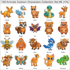Obraz premium Animals Cartoon Characters Collection Set of 100 Isolated Animals Part 1