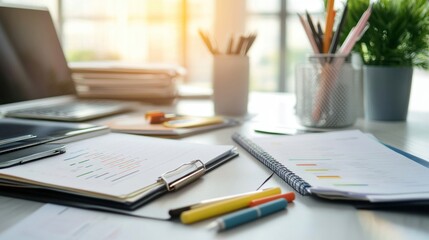 Business plan binder with charts and notes