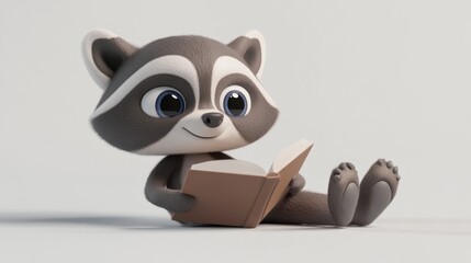 A cute cartoon raccoon reading a book, promoting literacy and imagination.