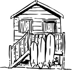 A line hand drawn sketch of a shed or beach hut in black and white. Perfect for wallpaper, template, banner, wall decor, print, postcard, cover. Vector illustration
