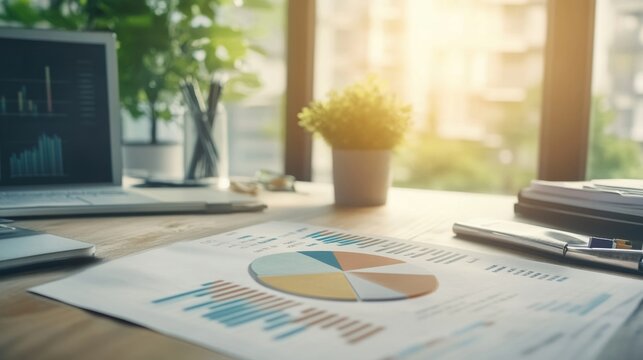 Business plan presentation with a pie chart and revenue projections